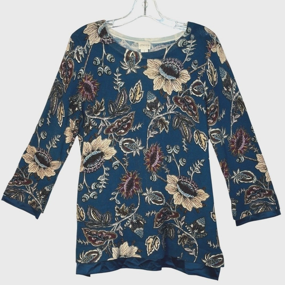 Chico's Floral Tapestry Sweater Women Teal Blue‎ 3/4 Sleeve Cottagecore Boho 1